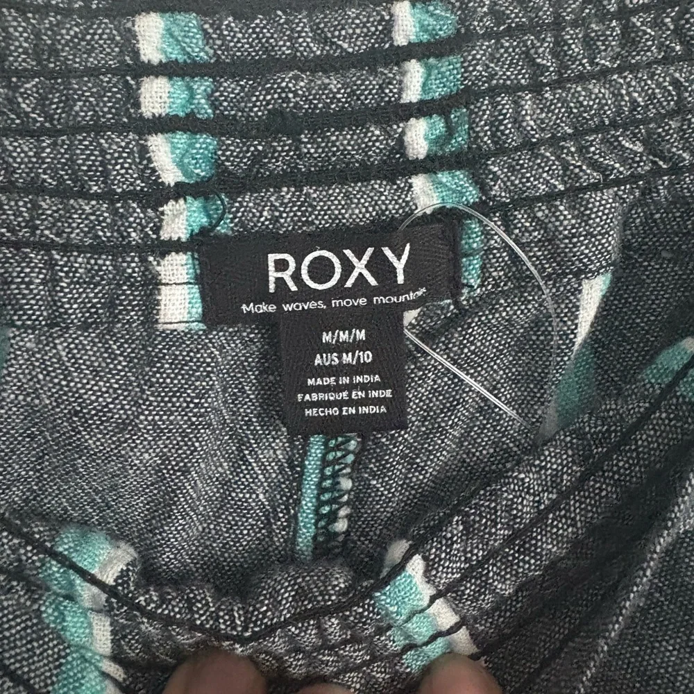 Roxy Oceanside Yarn Linen Cotton Blend Gray Striped Wide Leg Pants Medium - Picture 5 of 14